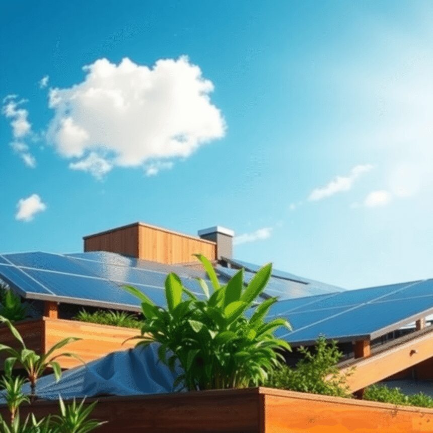 Toit-terrasse avec des panneaux solaires élégants, des plantes vertes et des éléments en bois sous un ciel bleu vif, mettant en valeur un design ur...