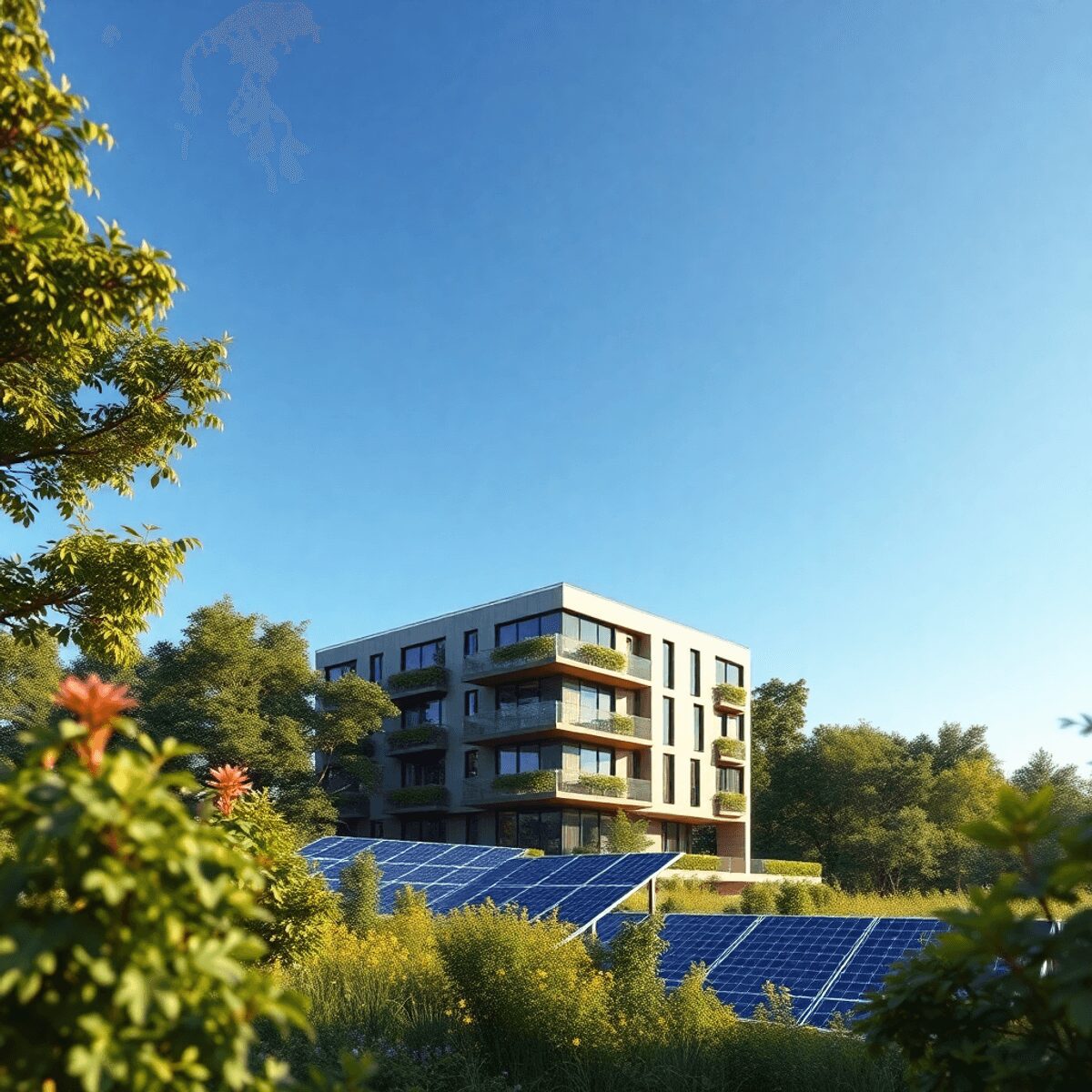Un bâtiment moderne et durable avec des panneaux solaires, entouré de verdure luxuriante sous un ciel bleu clair, représentant le développement imm...