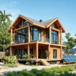 Un bâtiment moderne et durable en construction avec du bois, de l'acier recyclé, des plantes vertes et des panneaux solaires, présentant un design ...