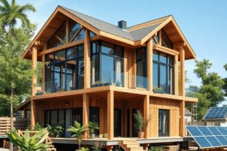 Un bâtiment moderne et durable en construction avec du bois, de l'acier recyclé, des plantes vertes et des panneaux solaires, présentant un design ...