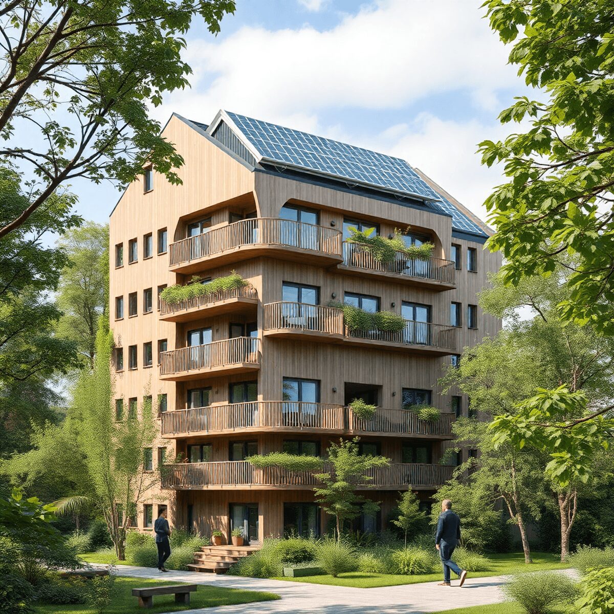 Un immeuble d'appartements moderne et écologique avec des panneaux solaires, des matériaux naturels et une végétation luxuriante symbolisant un hab...