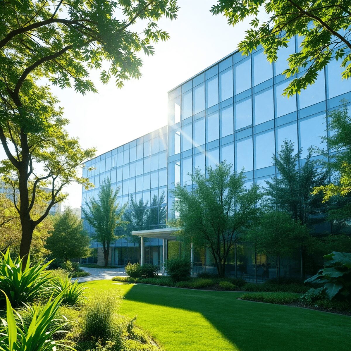 Un immeuble de bureaux moderne avec de grandes fenêtres, entouré d'une verdure luxuriante et baigné de lumière naturelle, mettant en avant la durab...