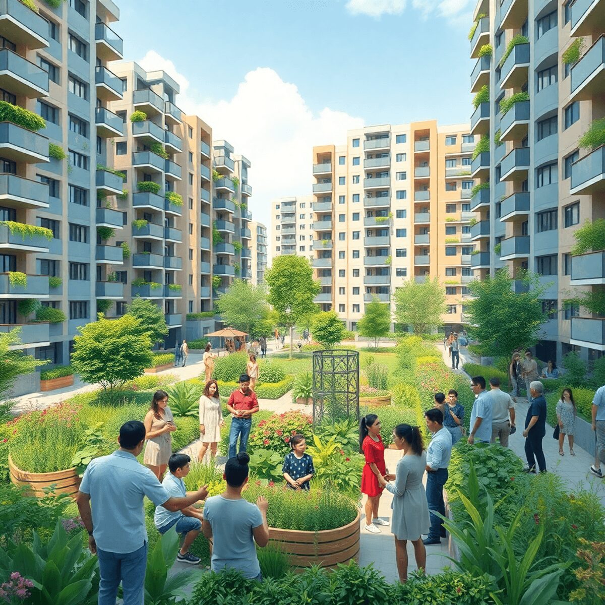 Un jardin communautaire vibrant avec des personnes collaborant, entouré d'appartements modernes écologiques, symbolisant l'innovation sociale et la...
