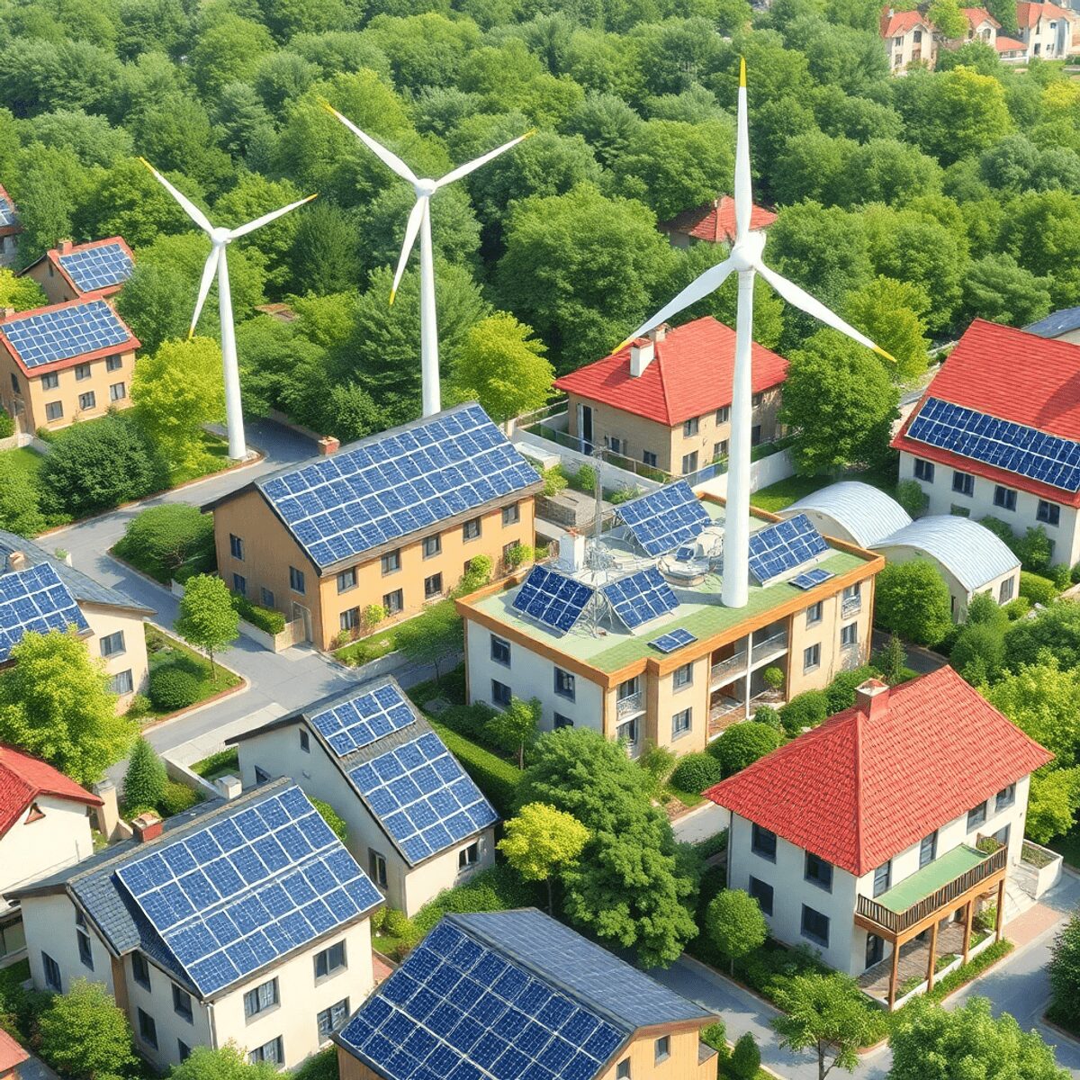 L’émergence des micro-réseaux énergétiques locaux dans les quartiers durables Un quartier moderne et durable avec des panneaux solaires, des éoliennes, des bâtiments écoénergétiques et une végétation luxuriante symbolisant de...