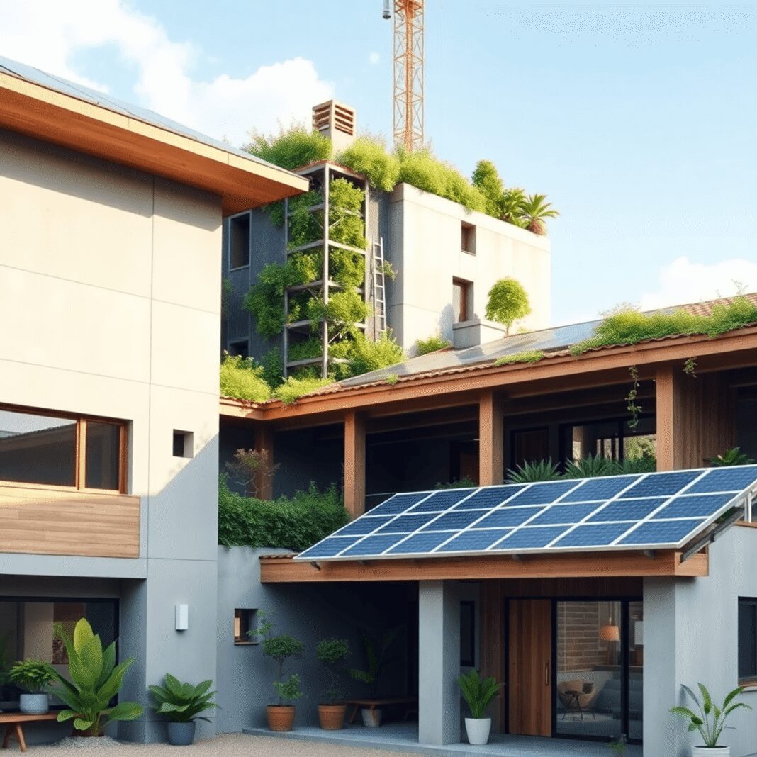 Un site de construction moderne avec des panneaux solaires, des matériaux durables et des plantes intégrées dans une architecture écologique.