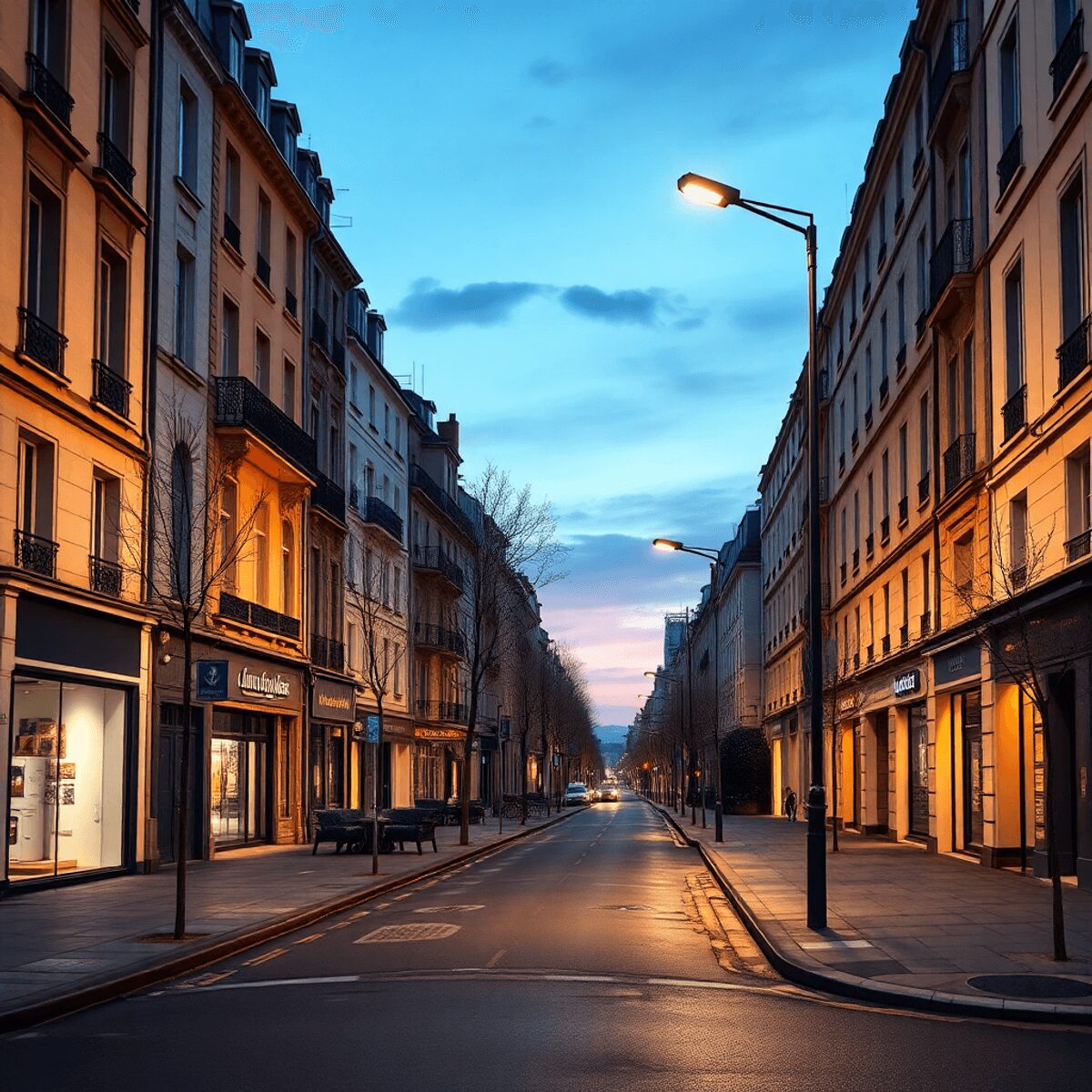 Une rue moderne d'une ville française au crépuscule, éclairée par des lampadaires LED élégants, mettant en avant une technologie d'éclairage urbain...