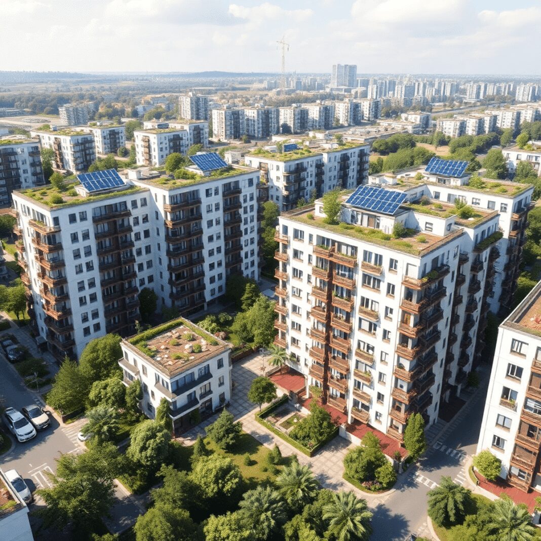 Les enjeux de la réversibilité architecturale dans les grands ensembles urbains existants Appartements urbains modernes avec toits verts, panneaux solaires et espaces communs ouverts entourés d'une végétation luxuriante, mettant en valeu...