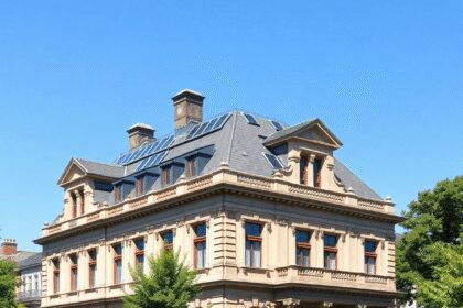 Bâtiment historique avec une architecture classique et des panneaux solaires modernes sur le toit, entouré de verdure sous un ciel bleu clair.