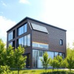 Bâtiment moderne écologique avec panneaux solaires et stockage thermique, entouré d'arbres verts sous un ciel lumineux, symbolisant l'énergie durab...