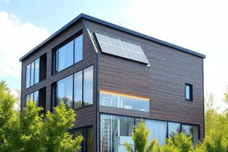 Bâtiment moderne écologique avec panneaux solaires et stockage thermique, entouré d'arbres verts sous un ciel lumineux, symbolisant l'énergie durab...