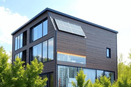 Bâtiment moderne écologique avec panneaux solaires et stockage thermique, entouré d'arbres verts sous un ciel lumineux, symbolisant l'énergie durab...