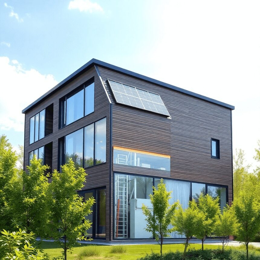 Bâtiment moderne écologique avec panneaux solaires et stockage thermique, entouré d'arbres verts sous un ciel lumineux, symbolisant l'énergie durab...