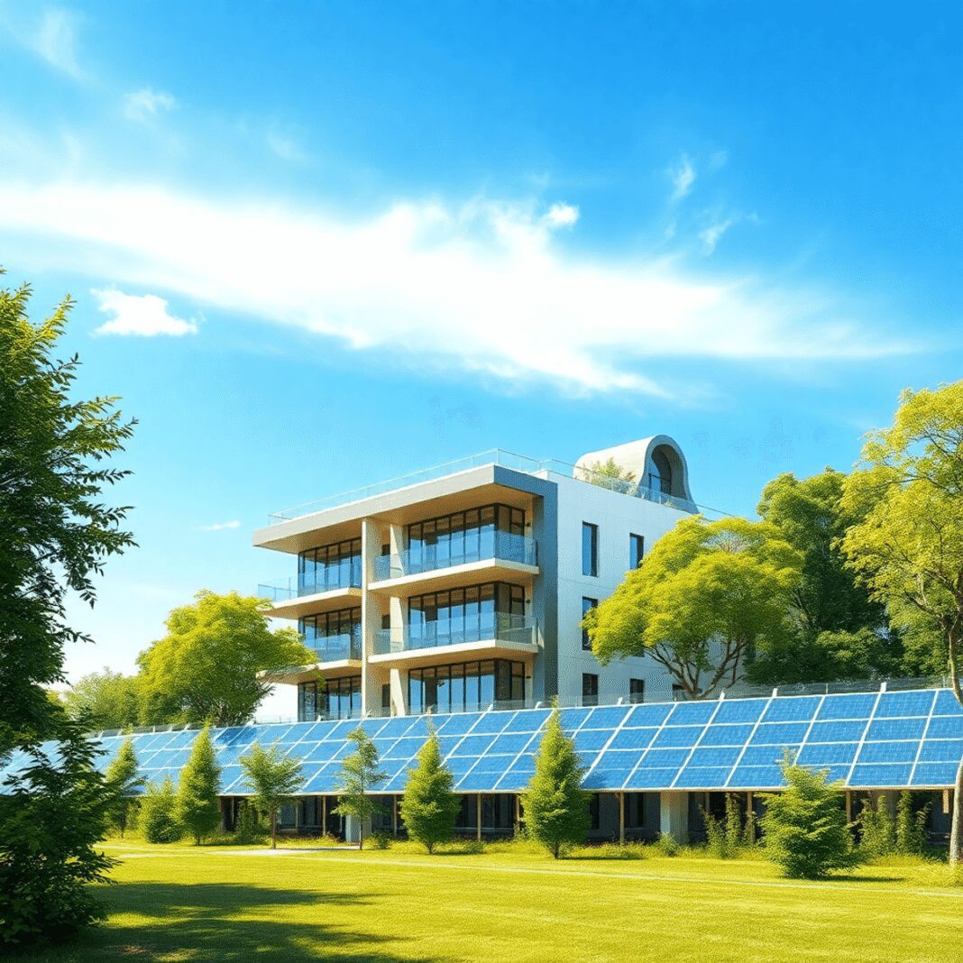 Bâtiment moderne économe en énergie avec des panneaux solaires, entouré d'arbres verts sous un ciel bleu clair, représentant une architecture durable.