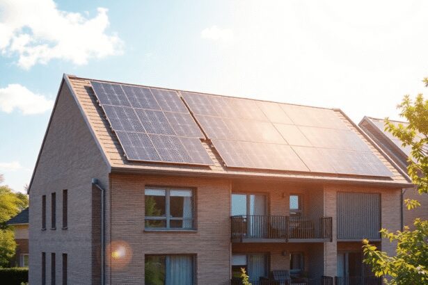 Bâtiment résidentiel moderne avec des panneaux solaires bifaciaux sur le toit et les façades, entouré de verdure sous un ciel ensoleillé.