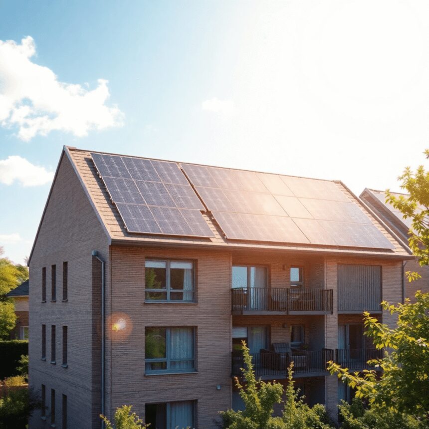 Bâtiment résidentiel moderne avec des panneaux solaires bifaciaux sur le toit et les façades, entouré de verdure sous un ciel ensoleillé.