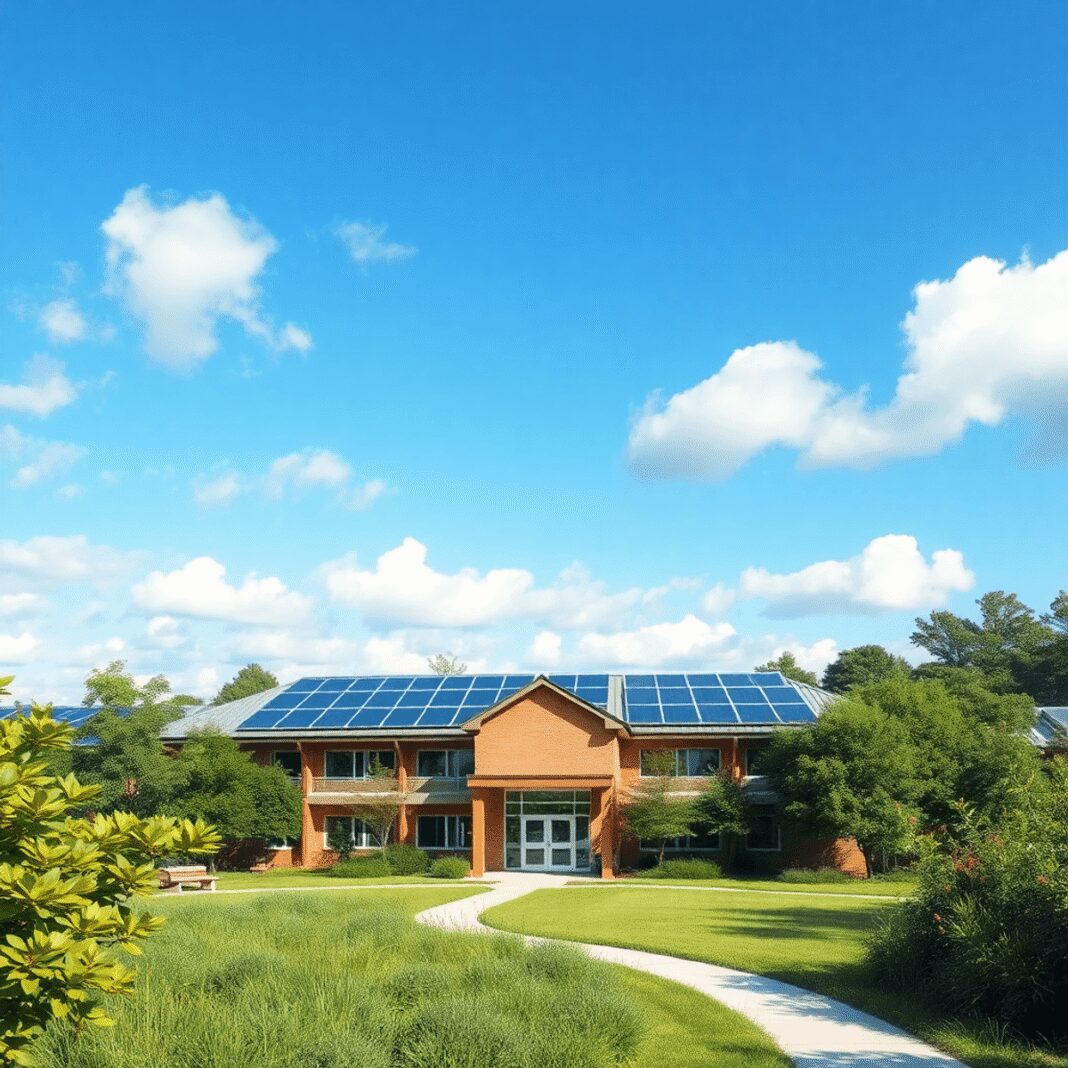 Bâtiment scolaire moderne avec des panneaux solaires sur le toit, entouré de verdure sous un ciel bleu clair avec des nuages doux, mettant en valeu...