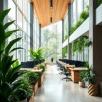 Bureau moderne lumineux avec lumière naturelle, plantes vertes, éléments en bois et en pierre, créant un espace de travail calme et accueillant.