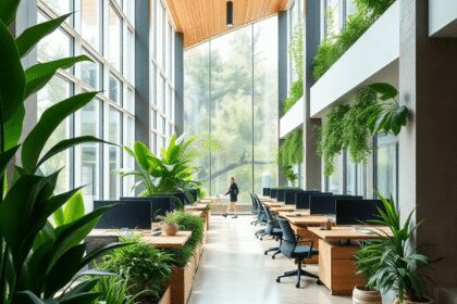 Bureau moderne lumineux avec lumière naturelle, plantes vertes, éléments en bois et en pierre, créant un espace de travail calme et accueillant.
