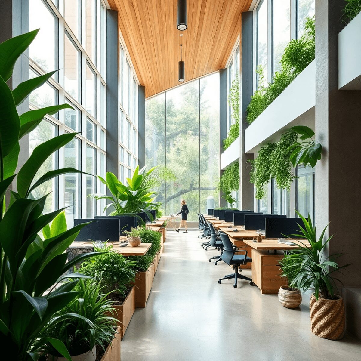 Bureau moderne lumineux avec lumière naturelle, plantes vertes, éléments en bois et en pierre, créant un espace de travail calme et accueillant.