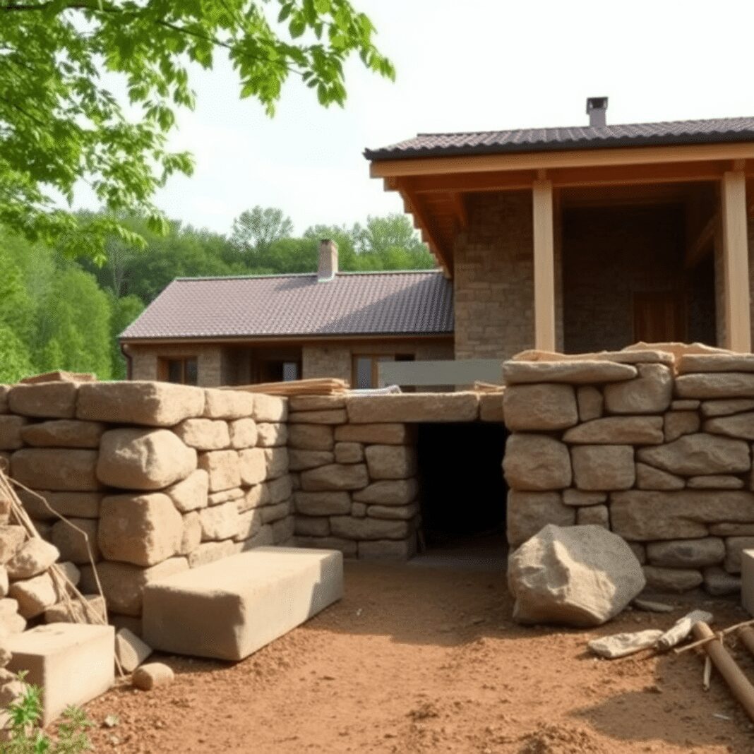 Chantier de construction avec des blocs de terre crue et de la pierre naturelle, maison écologique en construction dans une campagne verdoyante.