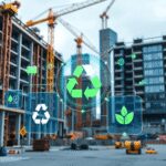 Chantier de construction avec des données de gestion des déchets holographiques, des icônes de recyclage, des feuilles vertes, des grues et des bât...