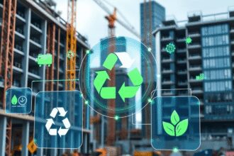 Chantier de construction avec des données de gestion des déchets holographiques, des icônes de recyclage, des feuilles vertes, des grues et des bât...