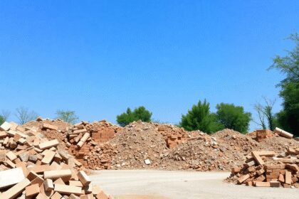 Des piles de déchets de construction soigneusement rangées, comme du béton, des briques et des carreaux, sur un site propre entouré d'arbres verts ...