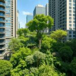 Forêt micro-urbaine luxuriante avec des arbres verts divers nichés parmi de grands bâtiments de la ville sous un ciel dégagé, illustrant l'intégrat...