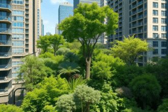 Forêt micro-urbaine luxuriante avec des arbres verts divers nichés parmi de grands bâtiments de la ville sous un ciel dégagé, illustrant l'intégrat...