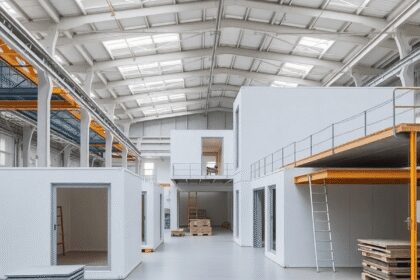 Intérieur d'une usine industrielle moderne assemblant des modules de construction préfabriqués, mettant en avant des matériaux durables et des proc...