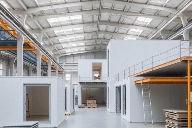 Intérieur d'une usine industrielle moderne assemblant des modules de construction préfabriqués, mettant en avant des matériaux durables et des proc...