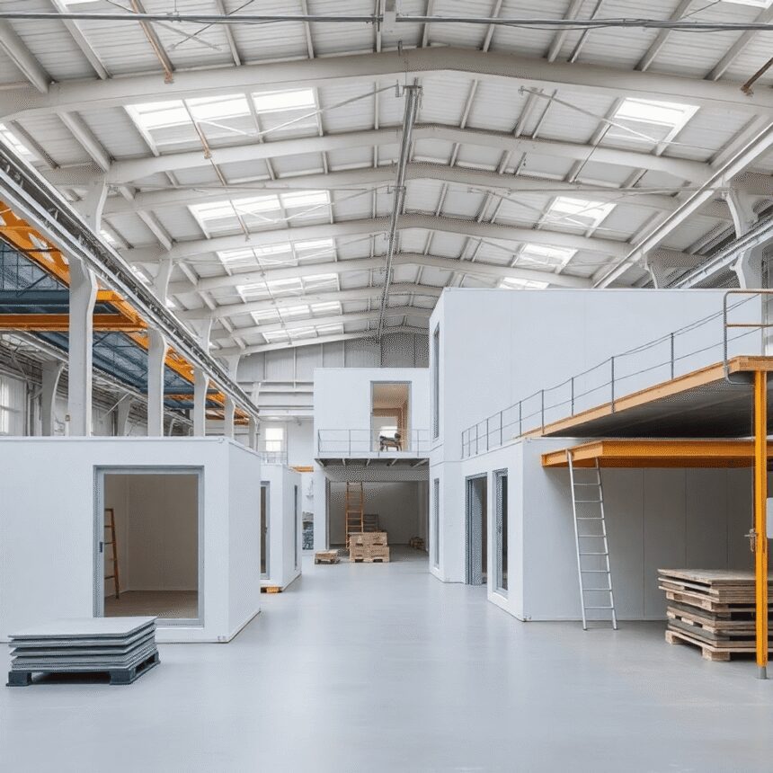 Intérieur d'une usine industrielle moderne assemblant des modules de construction préfabriqués, mettant en avant des matériaux durables et des proc...