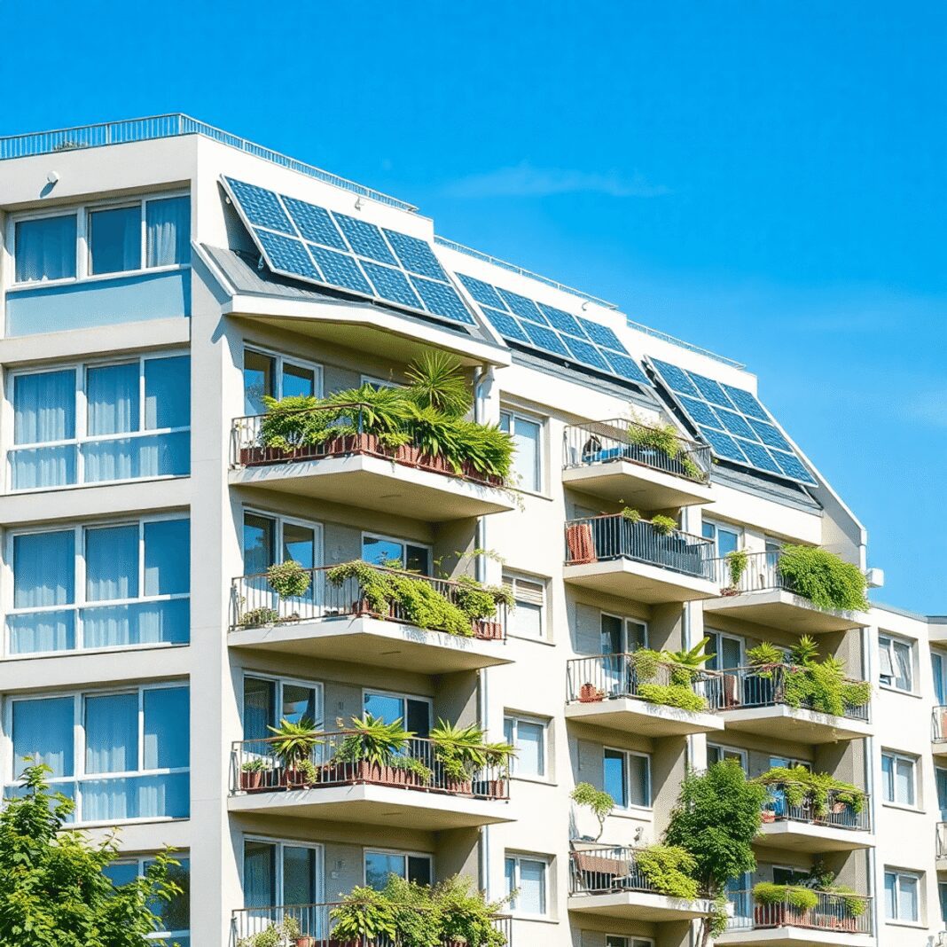 Logement social moderne avec des panneaux solaires et des plantes vertes sur les balcons sous un ciel bleu clair, mettant en avant la rénovation éc...