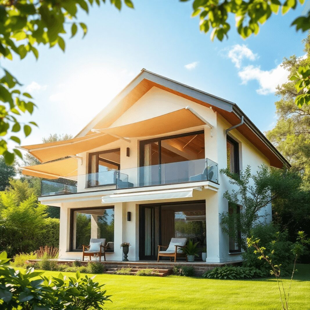 Maison moderne écologique avec des brise-soleil et une ventilation naturelle, entourée de verdure sous un ciel d'été ensoleillé.