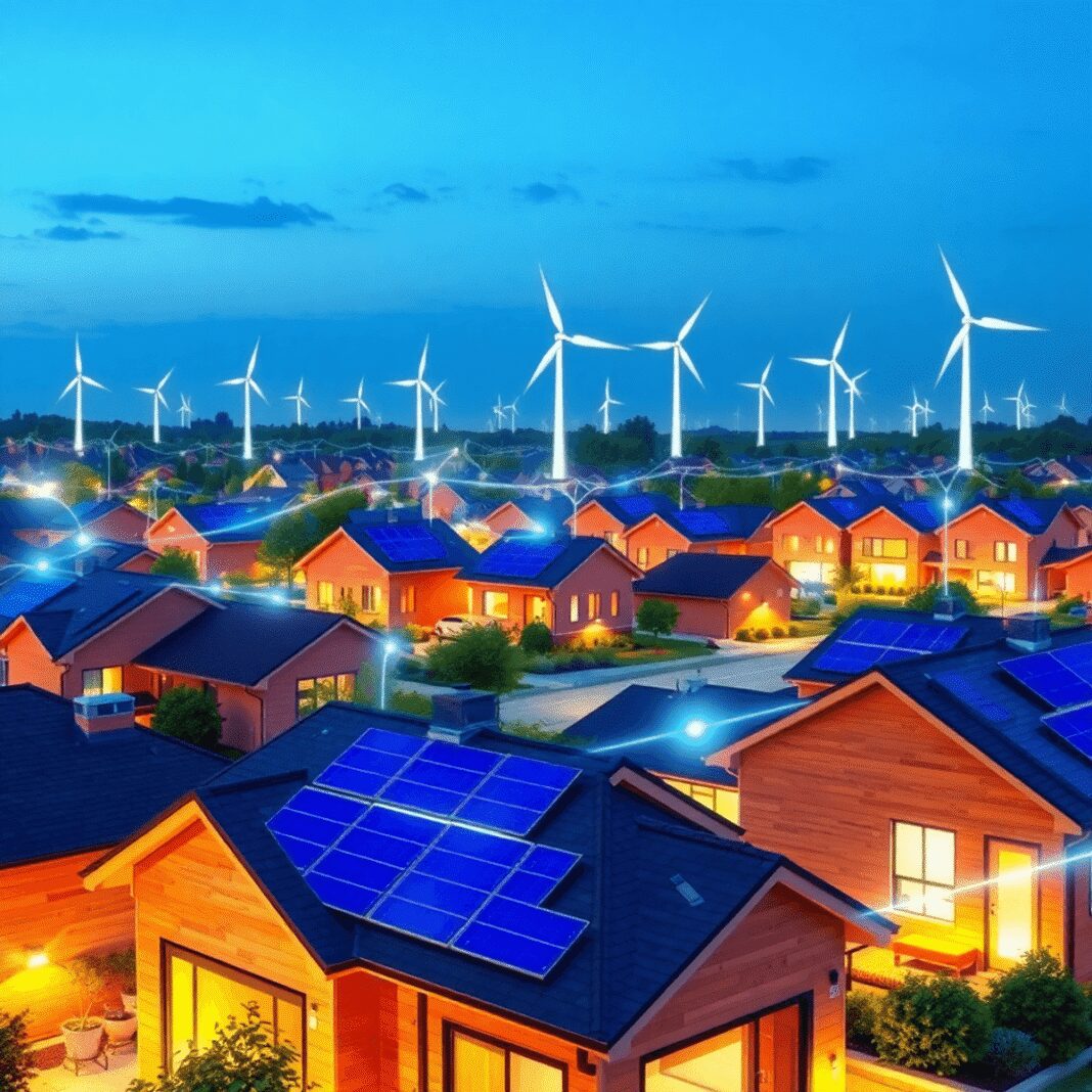 Smart grids résidentiels : comment maximiser l’autoconsommation collective ? Maisons modernes avec panneaux solaires reliés par des lignes d'énergie lumineuses, éoliennes en arrière-plan sous un ciel bleu clair, symbolisant ...