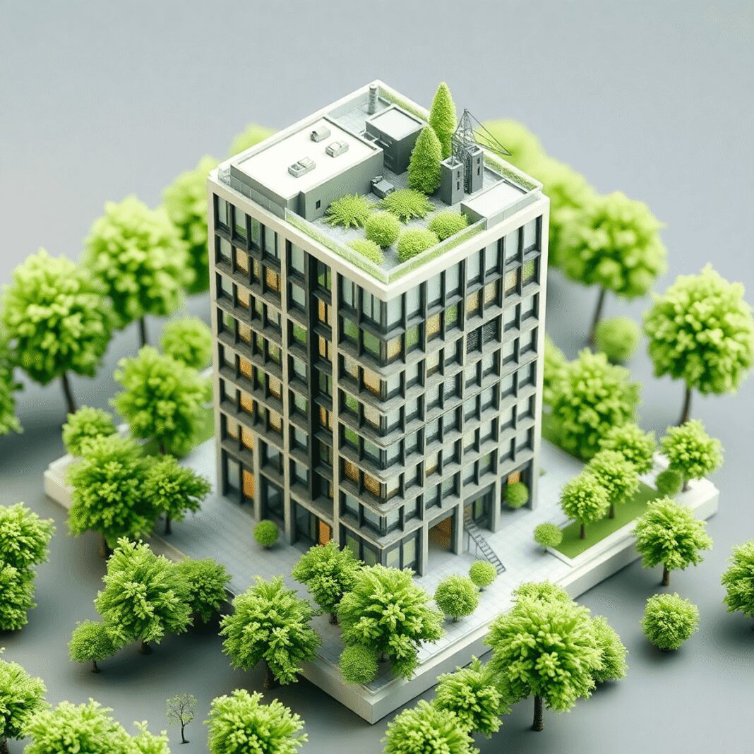 Modèle architectural numérique 3D d'un bâtiment intelligent et écologique entouré de verdure, mettant en avant une construction durable et l'intégr...