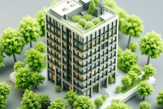 Modèle architectural numérique 3D d'un bâtiment intelligent et écologique entouré de verdure, mettant en avant une construction durable et l'intégr...