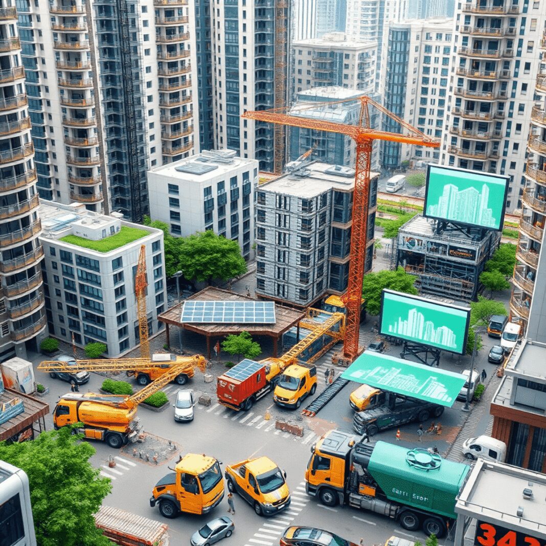 Site de construction urbain moderne avec des plantes vertes, des panneaux solaires, des véhicules électriques et des écrans numériques présentant d...