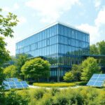 L’économie régénérative appliquée à l’immobilier commercial : perspectives 2026 Un bâtiment commercial moderne avec des panneaux solaires, entouré de verdure luxuriante, représentant l'immobilier durable et l'économie régénérat...