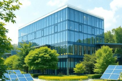 Un bâtiment commercial moderne avec des panneaux solaires, entouré de verdure luxuriante, représentant l'immobilier durable et l'économie régénérat...