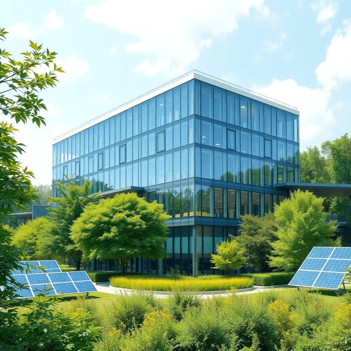 L’économie régénérative appliquée à l’immobilier commercial : perspectives 2026 Un bâtiment commercial moderne avec des panneaux solaires, entouré de verdure luxuriante, représentant l'immobilier durable et l'économie régénérat...