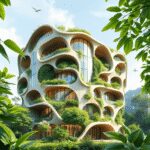 Un bâtiment moderne et durable avec des formes organiques et une végétation intégrée, entouré de feuilles et de lumière du soleil, mettant en valeu...