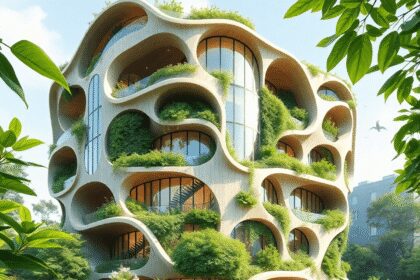 Un bâtiment moderne et durable avec des formes organiques et une végétation intégrée, entouré de feuilles et de lumière du soleil, mettant en valeu...