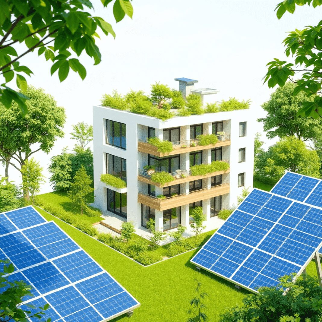Un bâtiment moderne et durable avec des panneaux solaires entouré de verdure, mettant en valeur un design écologique et une efficacité énergétique ...