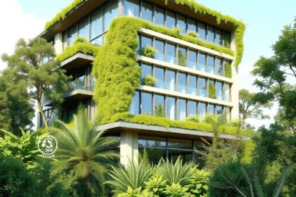 Un bâtiment moderne et durable avec un design écologique, entouré de verdure et de symboles de certification environnementale sous un ciel dégagé.