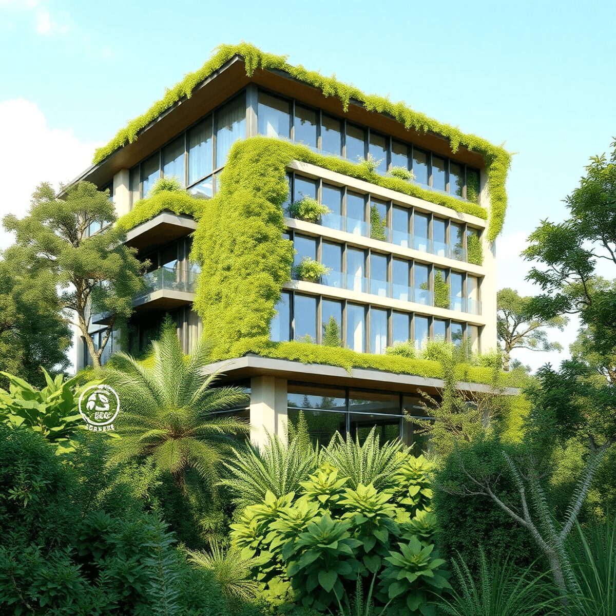 Un bâtiment moderne et durable avec un design écologique, entouré de verdure et de symboles de certification environnementale sous un ciel dégagé.