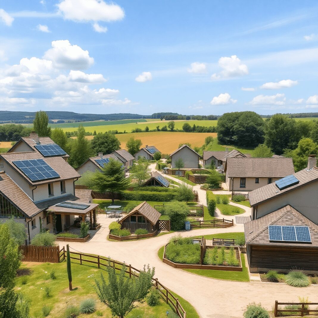 Écoquartiers ruraux : modèles émergents pour revitaliser les territoires périphériques français Un éco-quartier rural paisible avec des maisons équipées de panneaux solaires, des espaces verts et des jardins communautaires entourés de paysages...