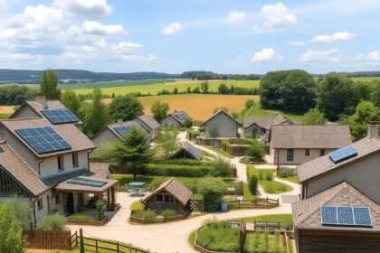 Un éco-quartier rural paisible avec des maisons équipées de panneaux solaires, des espaces verts et des jardins communautaires entourés de paysages...