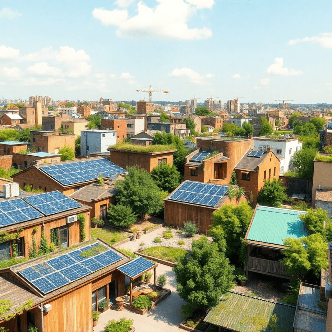 Un paysage urbain vibrant avec des matériaux recyclés, des panneaux solaires, des toits verts et des espaces communautaires partagés sous un ciel c...