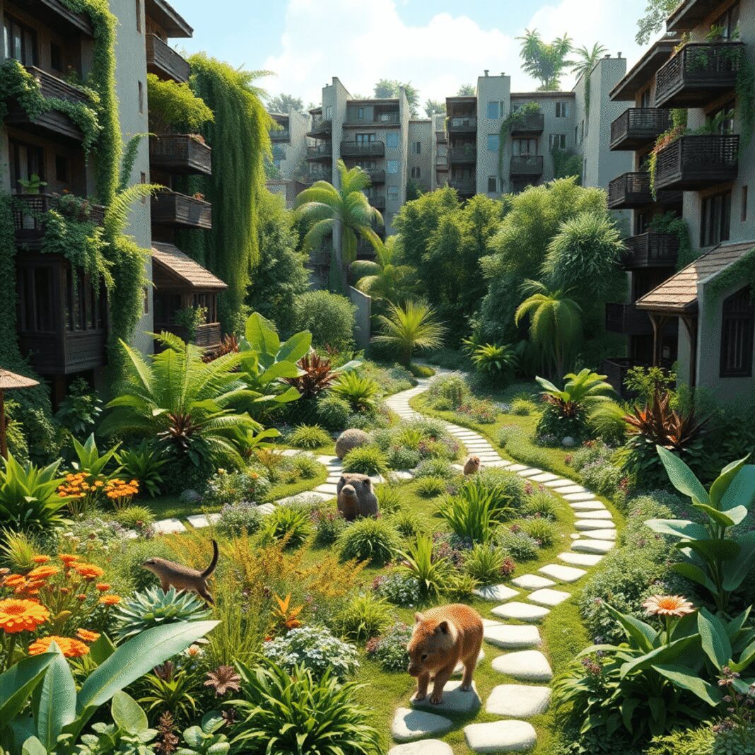 Un quartier durable et dynamique avec des espaces verts, des plantes indigènes, des bâtiments écologiques et une faune diversifiée, montrant l'harm...